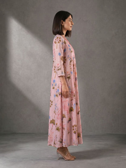 Blush Pink Floral Printed Cotton Maxi Dress for Women