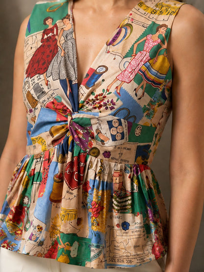 Vintage Art Print Sleeveless Peplum Top for Women | V-Neck Knot Detail Summer Top