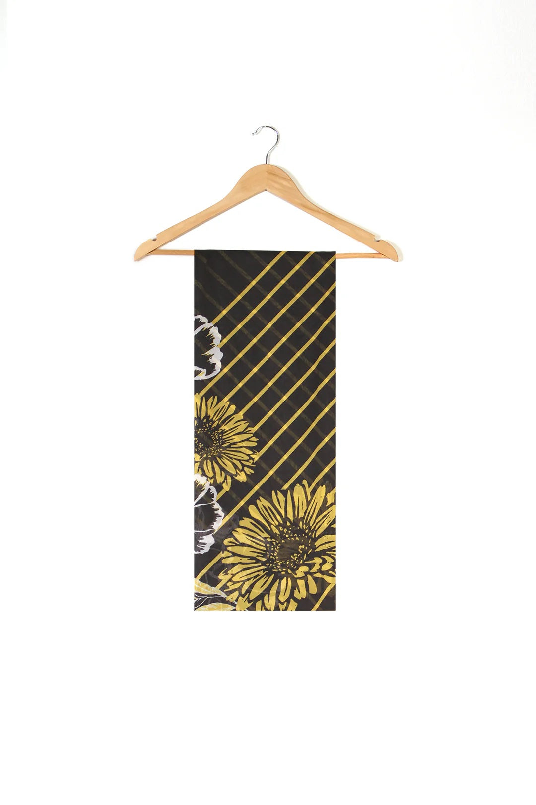 Black Sunflower Print Maxi Dress – Round Neck Bell Sleeve A-Line Gown