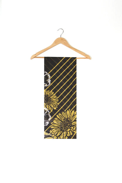 Black Sunflower Print Maxi Dress – Round Neck Bell Sleeve A-Line Gown
