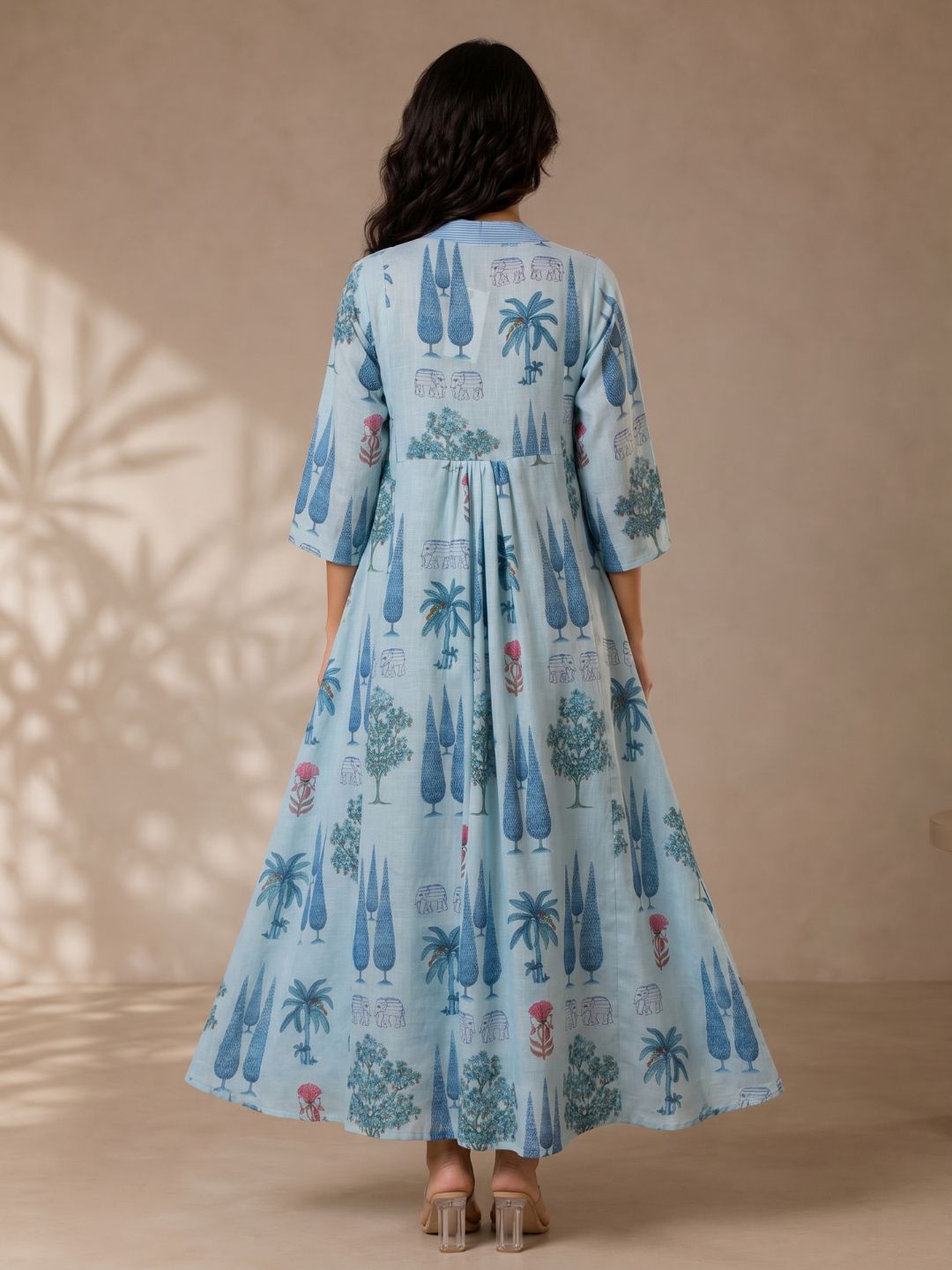 Sky Blue Scenic Printed Cotton Maxi Dress for Women