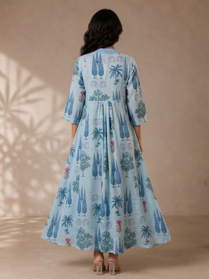 Sky Blue Scenic Printed Cotton Maxi Dress for Women