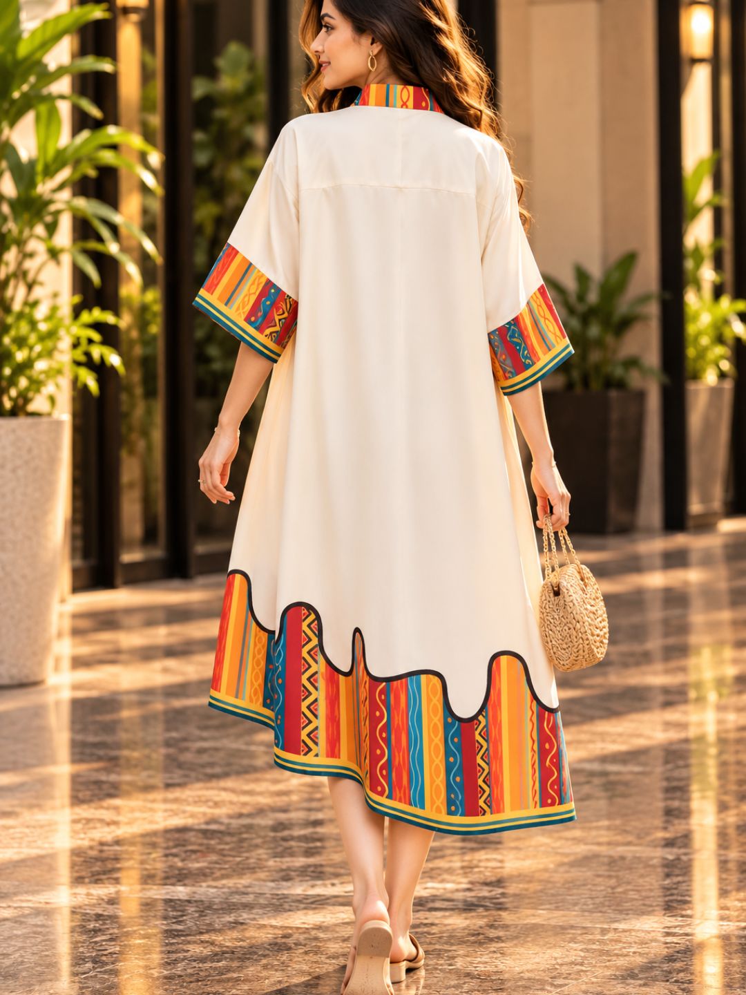 Rainbow Printed Cotton Linen High-low  Dress with Flared Hem &amp; Statement Sleeves
