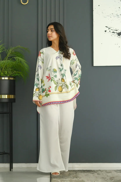 Ivory Botanical Print Tunic with Solid Flared Pants Co-Ord Set