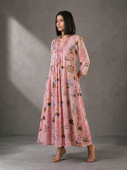 Blush Pink Floral Printed Cotton Maxi Dress for Women