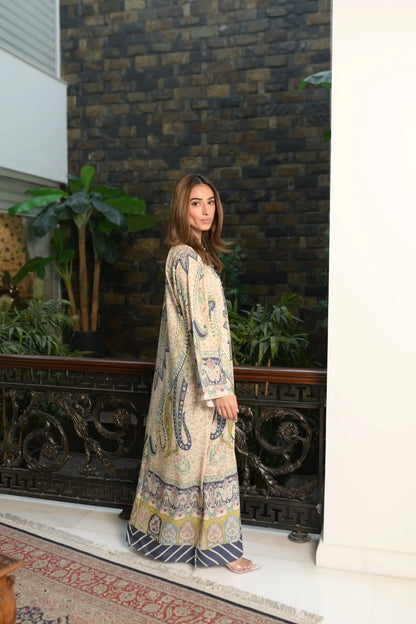 Printed Kaftan Maxi Dress - Beige &amp; Blue Ethnic Print
