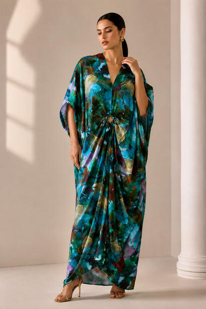 Emerald Bloom Printed Kaftan Maxi Dress with Ring Detail
