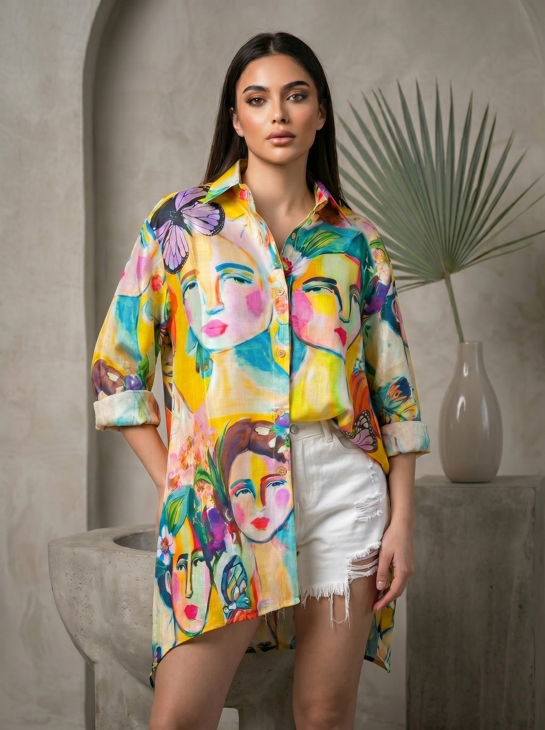 Yellow Multicolor Artistic High low  Casual Summer Shirt for Women
