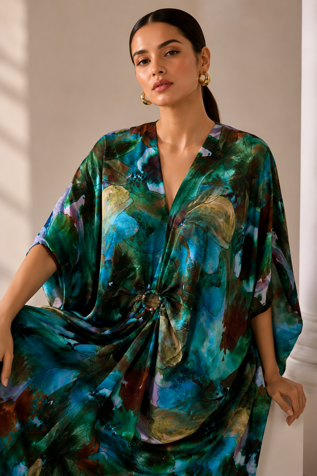Emerald Bloom Printed Kaftan Maxi Dress with Ring Detail