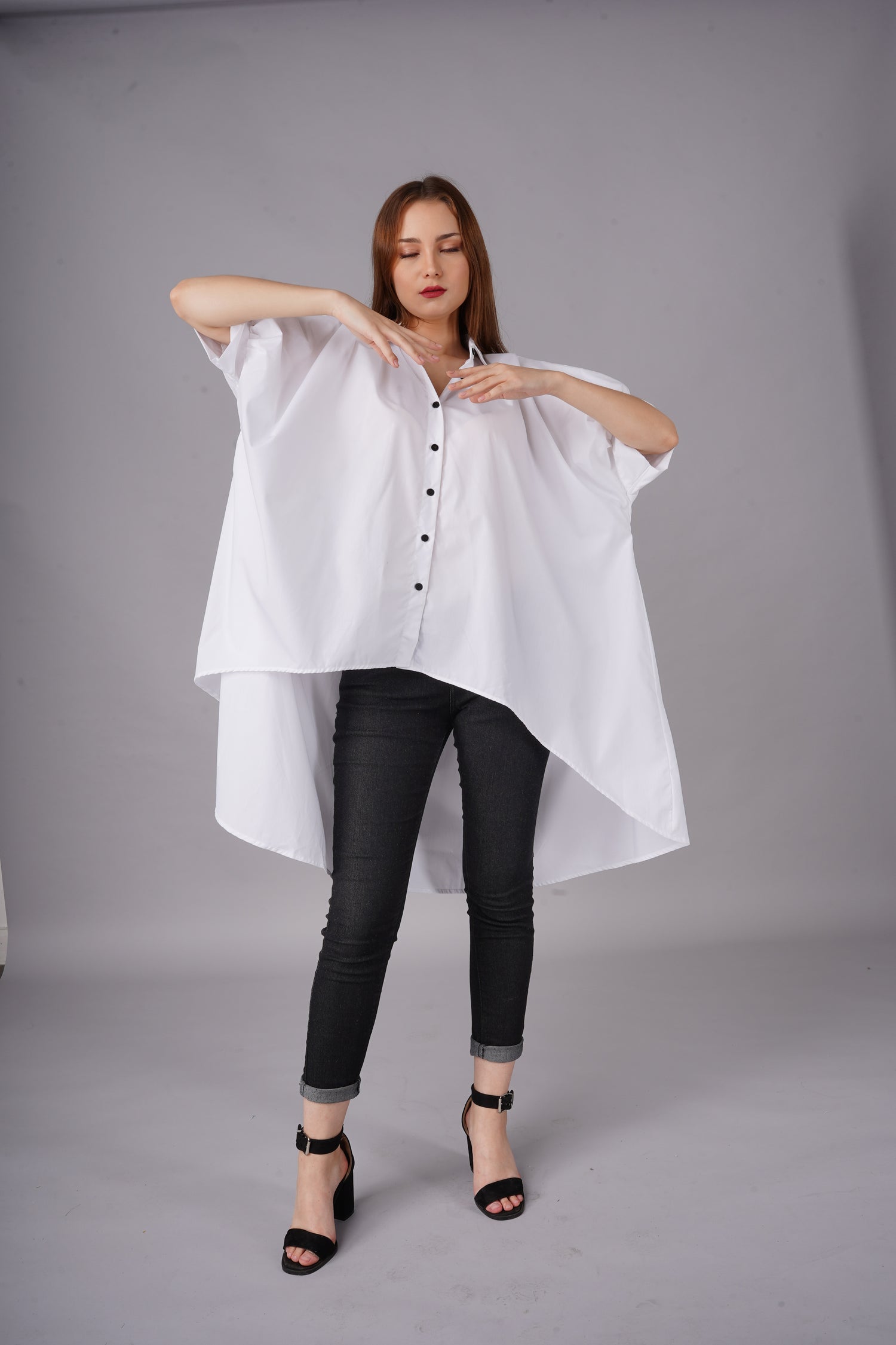 Oversized White High-Low Tunic Shirt for Women Asymmetrical Button-Down Top for a Modern, Edgy Look