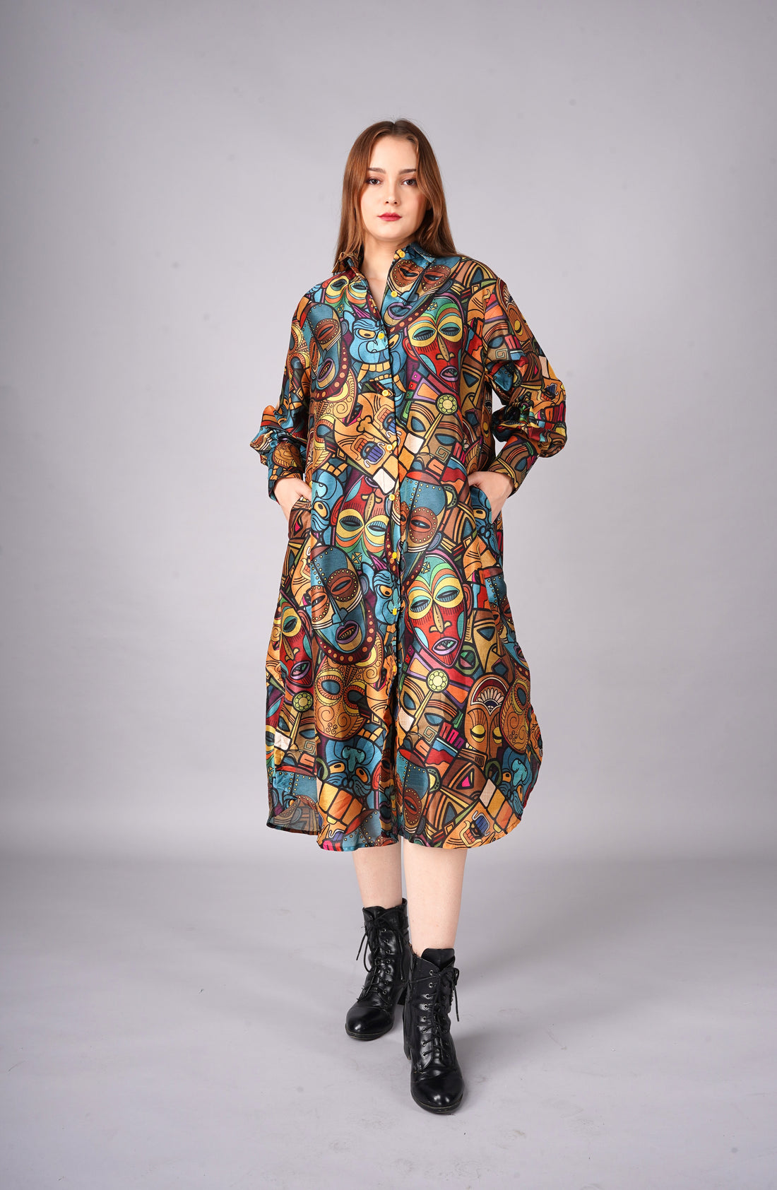 Tropical Face Printed Mango Silk long shirt