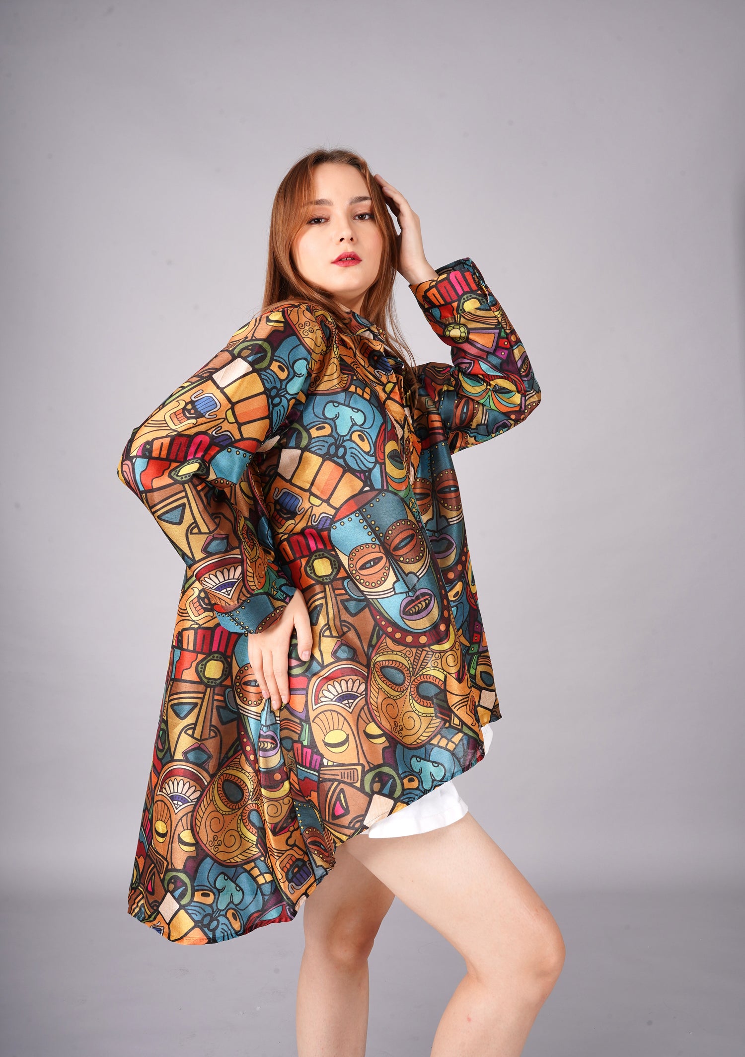 Tropical Face Printed Mango Silk short shirt