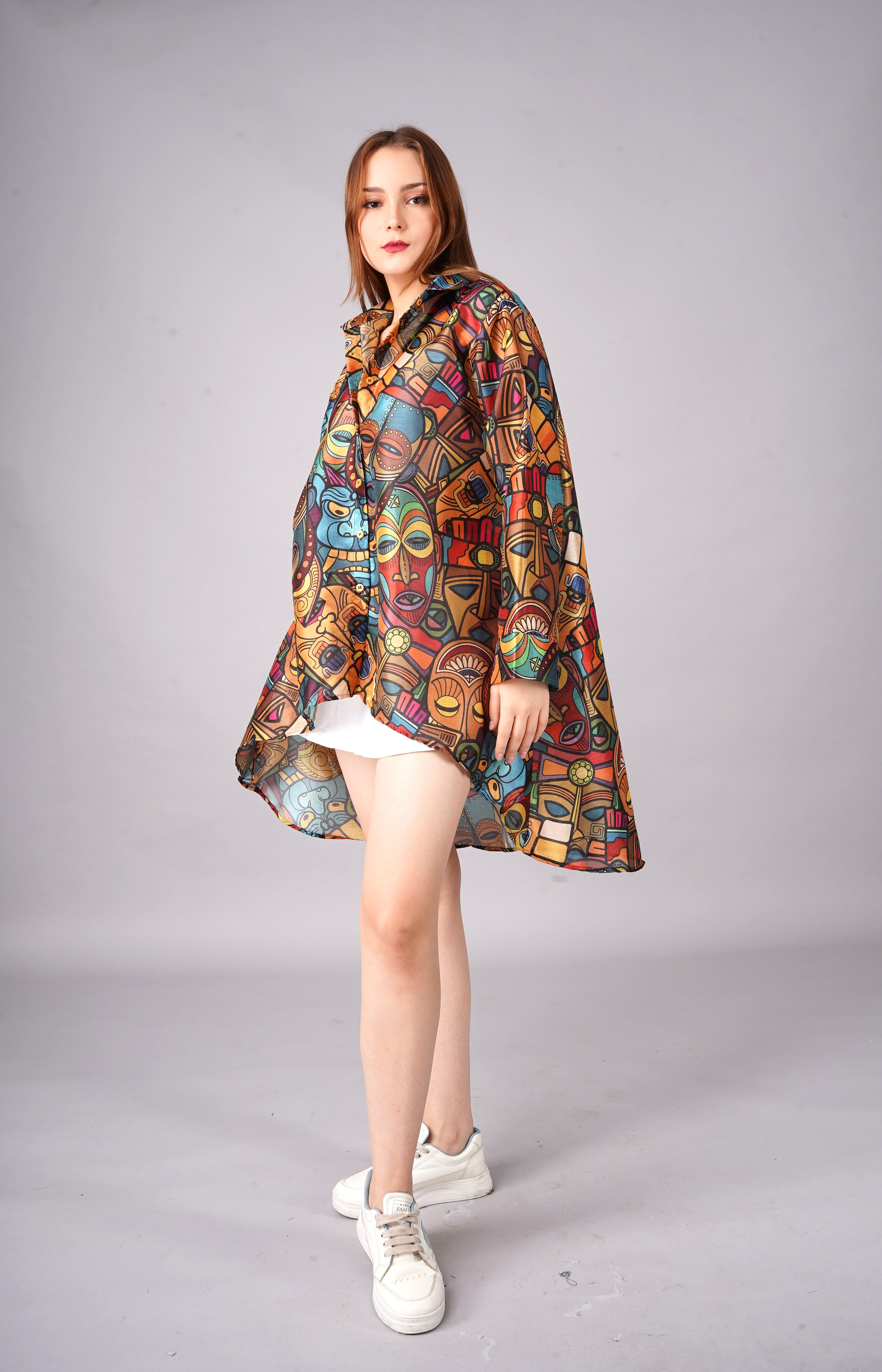 Tropical Face Printed Mango Silk short shirt