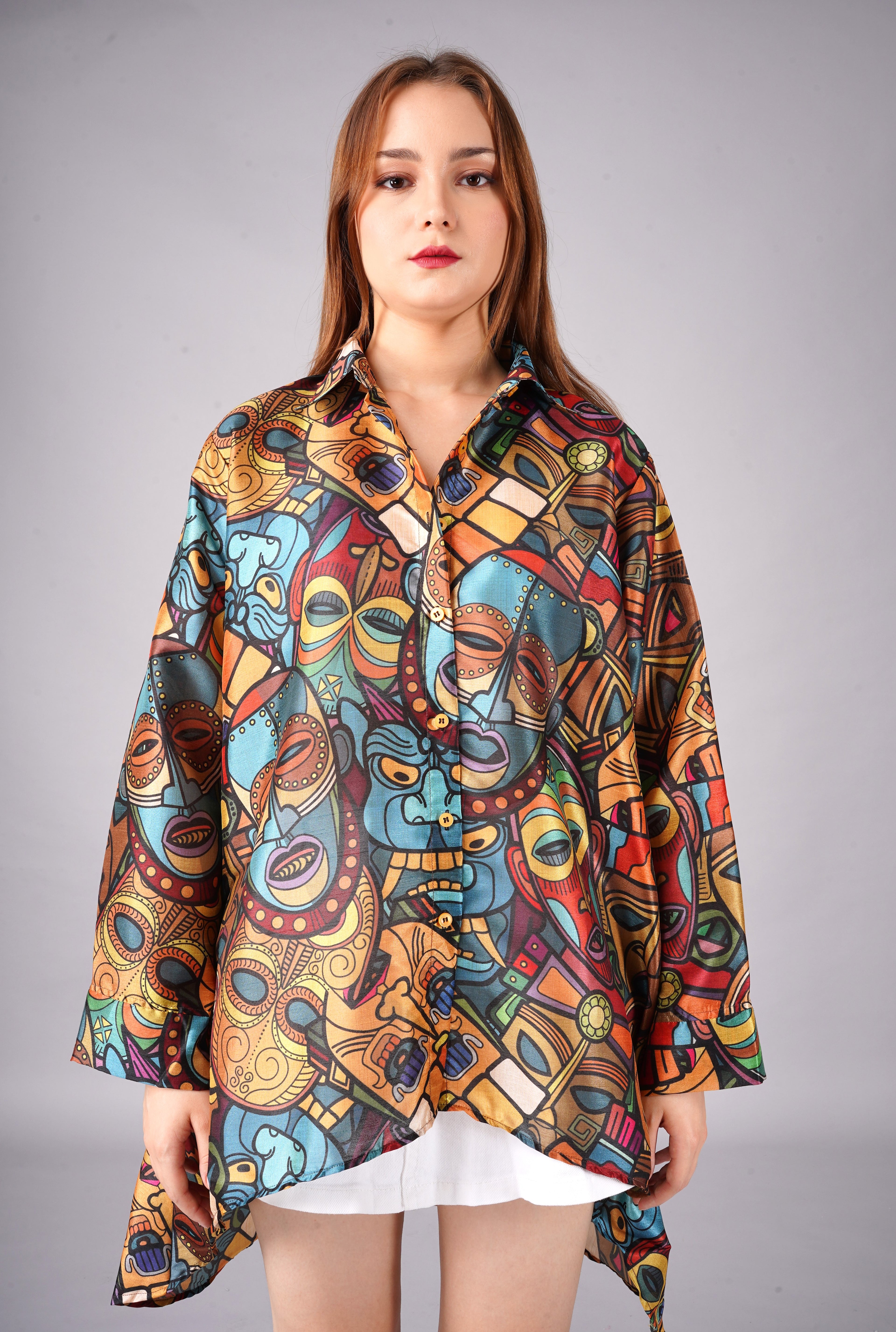 Tropical Face Printed Mango Silk short shirt