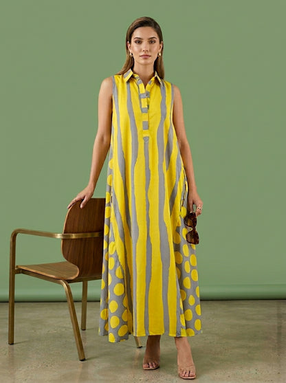 Yellow &amp; Grey Abstract Stripe and Polka Dot Print Sleeveless Maxi Dress