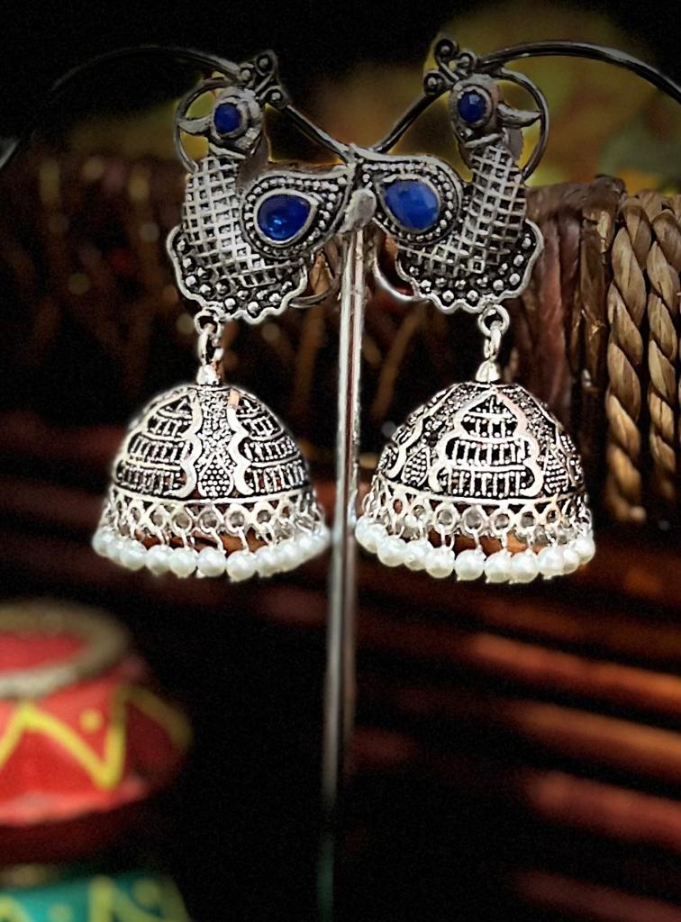 Big Blue Meena Embedded Peacock Silver Replica Jhumka