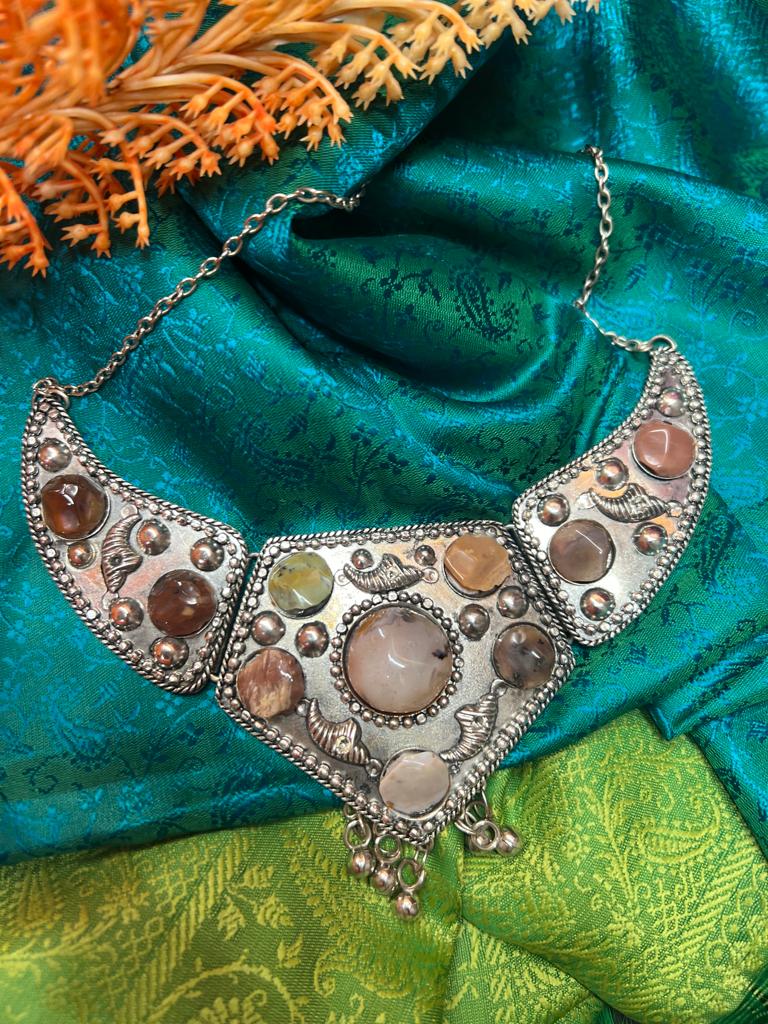 Oxidised Silver Choker Neckpiece embellished with Natural assorted stones