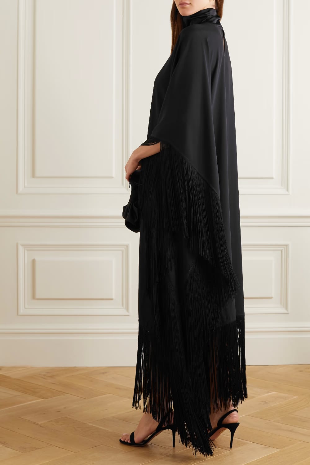 Stylish Imported Nida Fringe  Black High Neck Kaftan Dress - Free Size