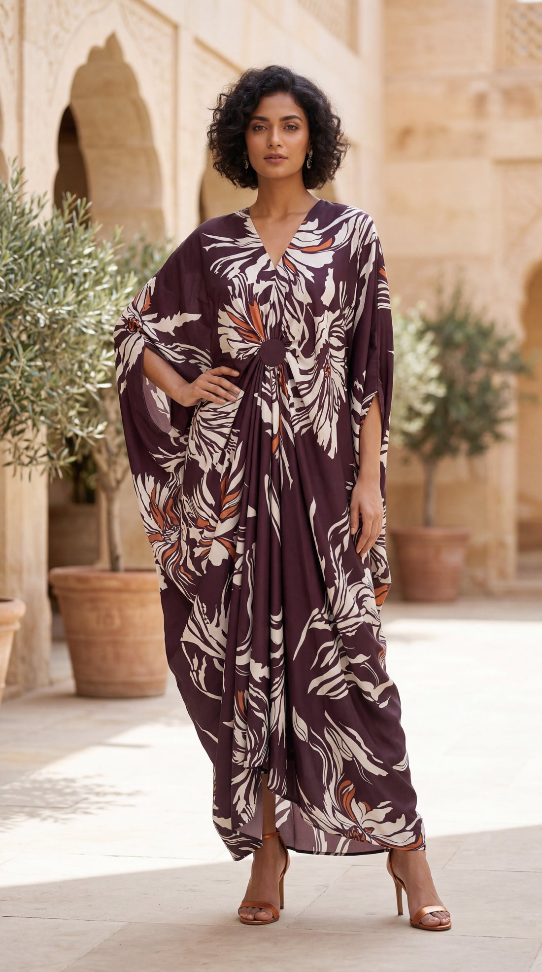 Elegant Printed Kaftan Maxi Dress with Flowing Silhouette