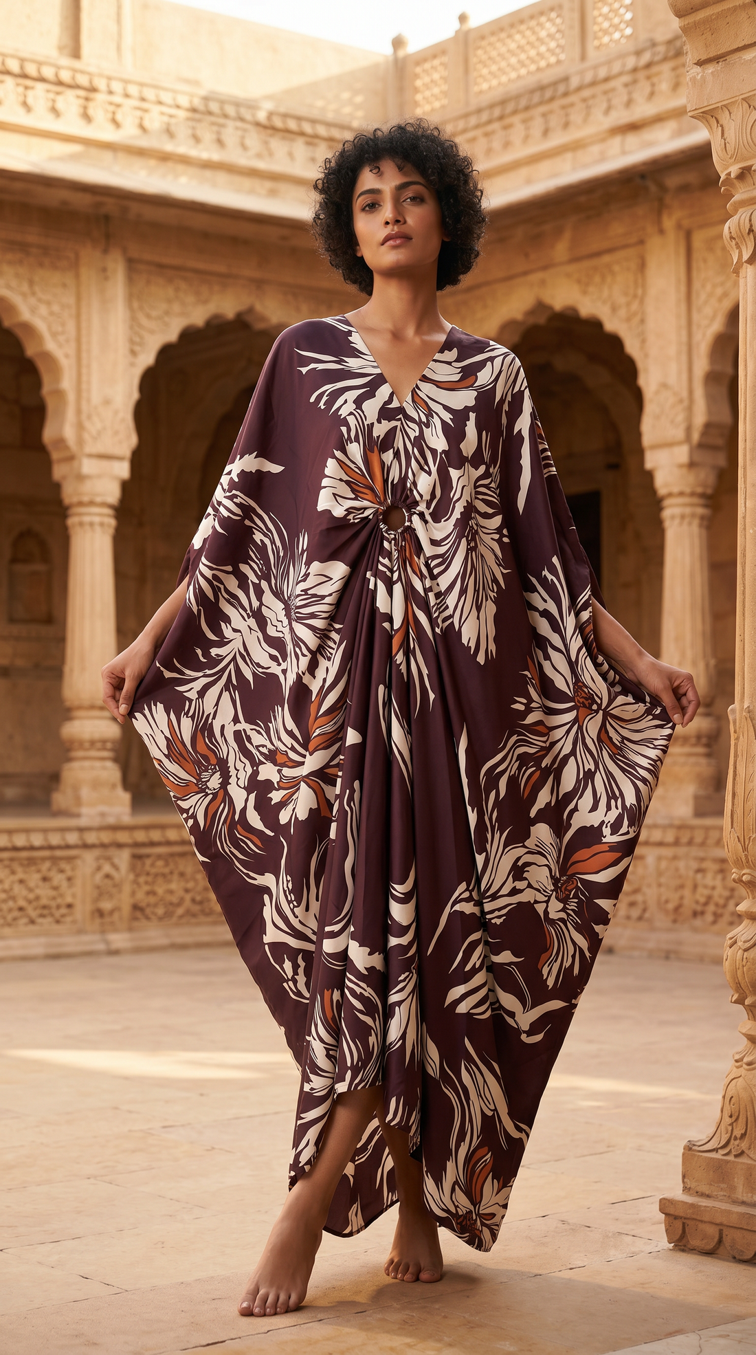 Elegant Printed Kaftan Maxi Dress with Flowing Silhouette