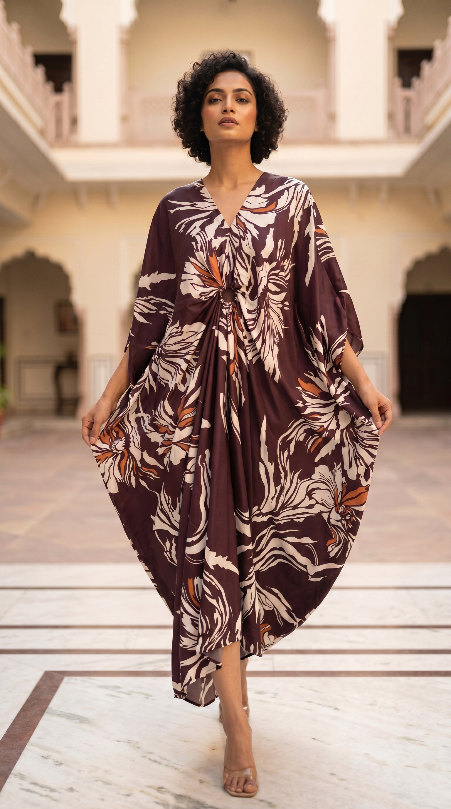Elegant Printed Kaftan Maxi Dress with Flowing Silhouette