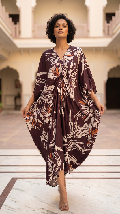 Elegant Printed Kaftan Maxi Dress with Flowing Silhouette