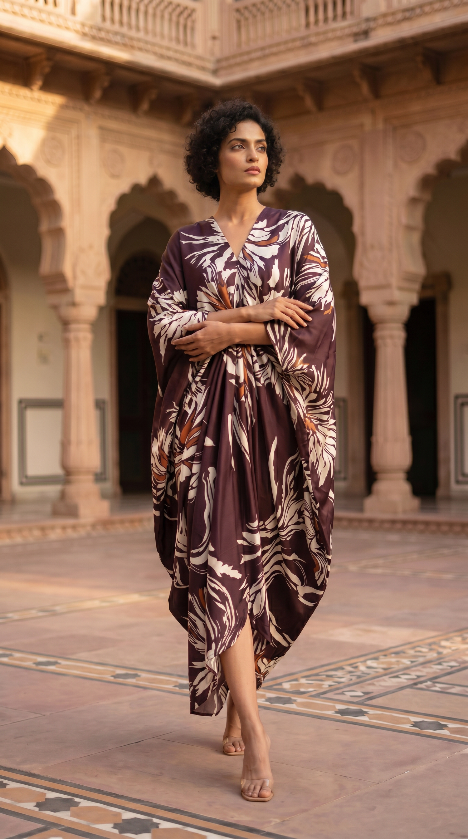 Elegant Printed Kaftan Maxi Dress with Flowing Silhouette