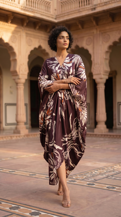 Elegant Printed Kaftan Maxi Dress with Flowing Silhouette