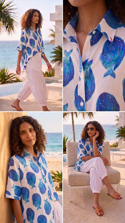 Women’s Tropical Fish Print Oversized Shirt - Beach Resort Button-Down Shirt