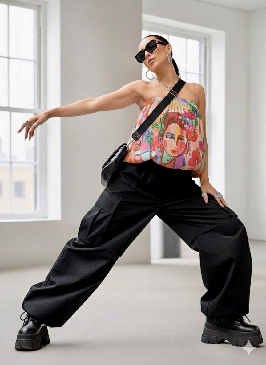 Strapless Muse Balloon Hem Top – Women’s Abstract Face &amp; Floral Print Tube Top
