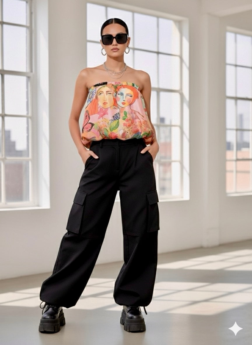 Strapless Muse Balloon Hem Top – Women’s Abstract Face &amp; Floral Print Tube Top