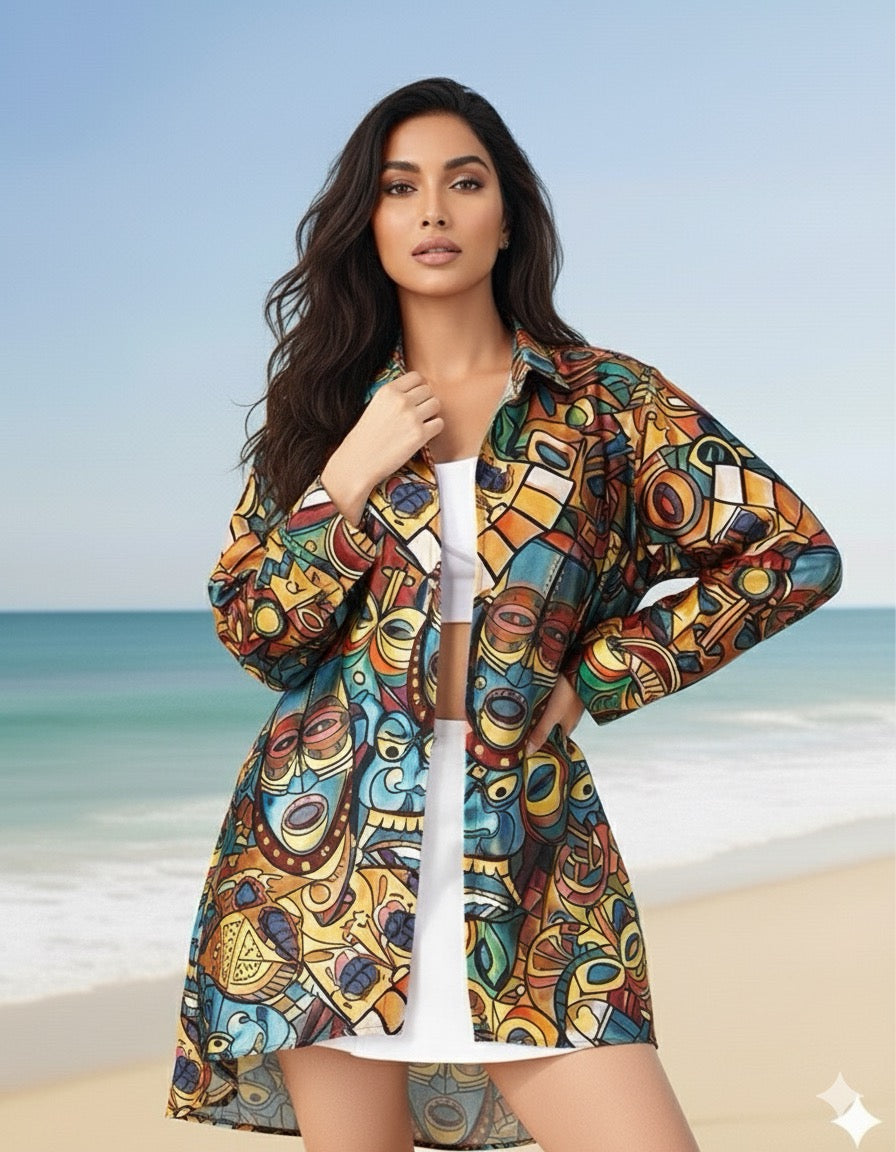 Tropical Face Printed Mango Silk short shirt