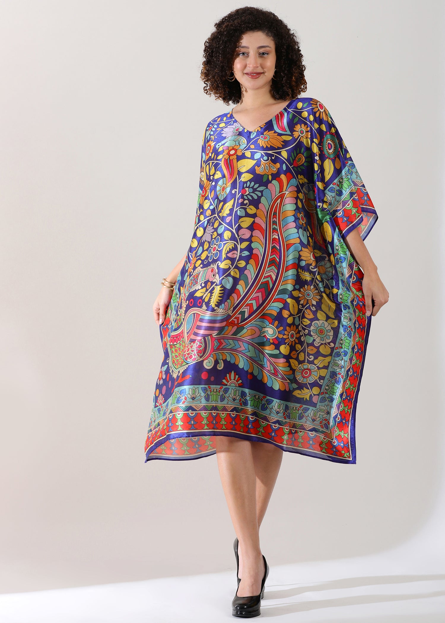 Madhubani Printed Stitched Kaftan Top Viscose Silk, Calf Length, Free Size - Stylish &amp; Chic for Women.