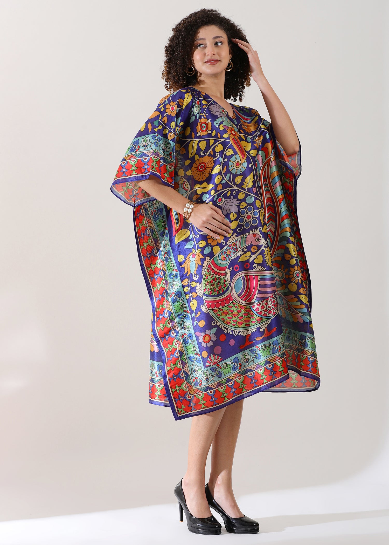 Madhubani Printed Stitched Kaftan Top Viscose Silk, Calf Length, Free Size - Stylish &amp; Chic for Women.