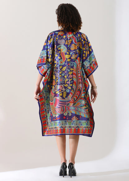 Madhubani Printed Stitched Kaftan Top Viscose Silk, Calf Length, Free Size - Stylish &amp; Chic for Women.