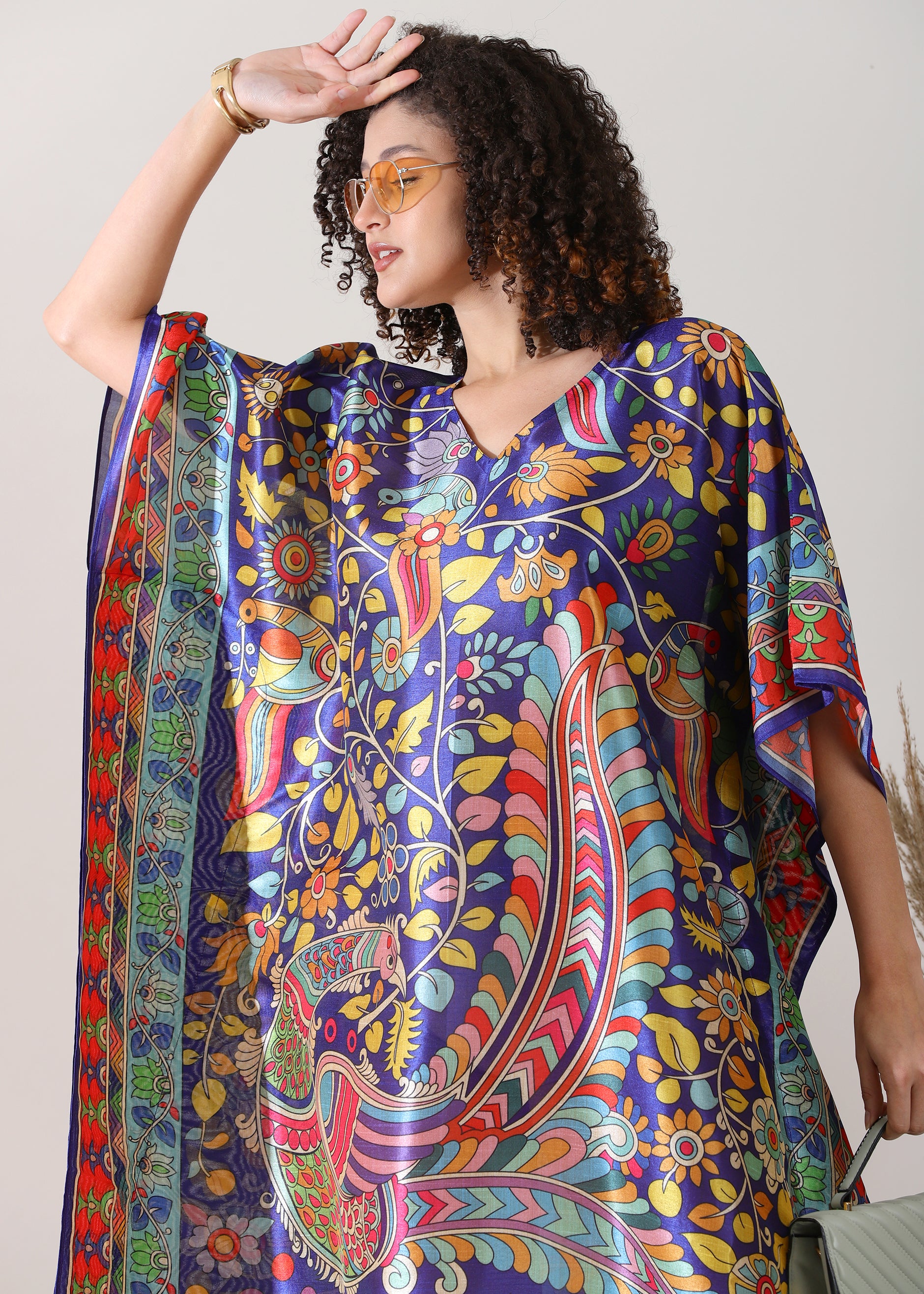 Madhubani Printed Stitched Kaftan Top Viscose Silk, Calf Length, Free Size - Stylish &amp; Chic for Women.