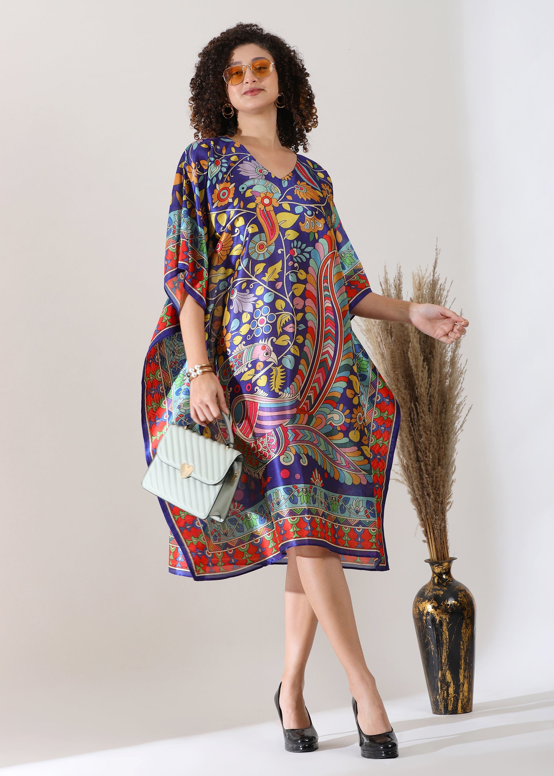 Madhubani Printed Stitched Kaftan Top Viscose Silk, Calf Length, Free Size - Stylish &amp; Chic for Women.