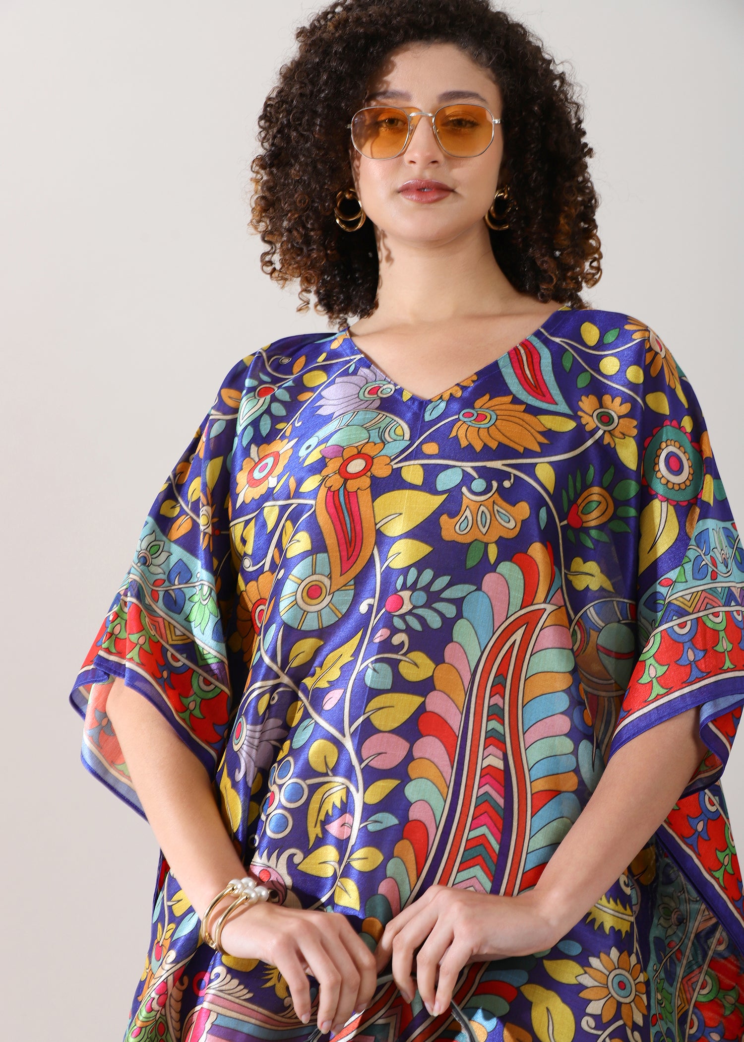 Madhubani Printed Stitched Kaftan Top Viscose Silk, Calf Length, Free Size - Stylish &amp; Chic for Women.