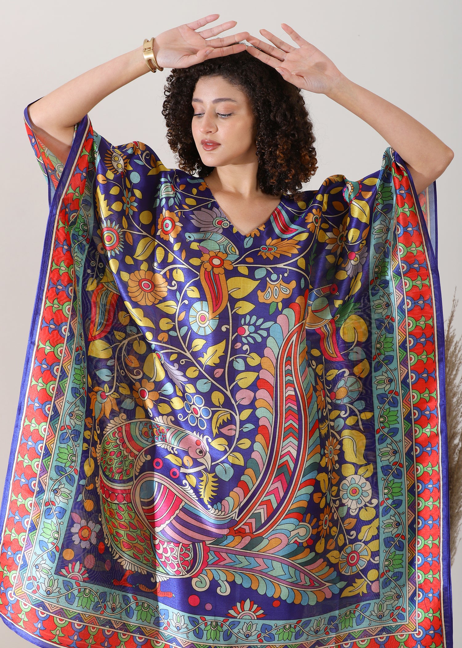 Madhubani Printed Stitched Kaftan Top Viscose Silk, Calf Length, Free Size - Stylish &amp; Chic for Women.