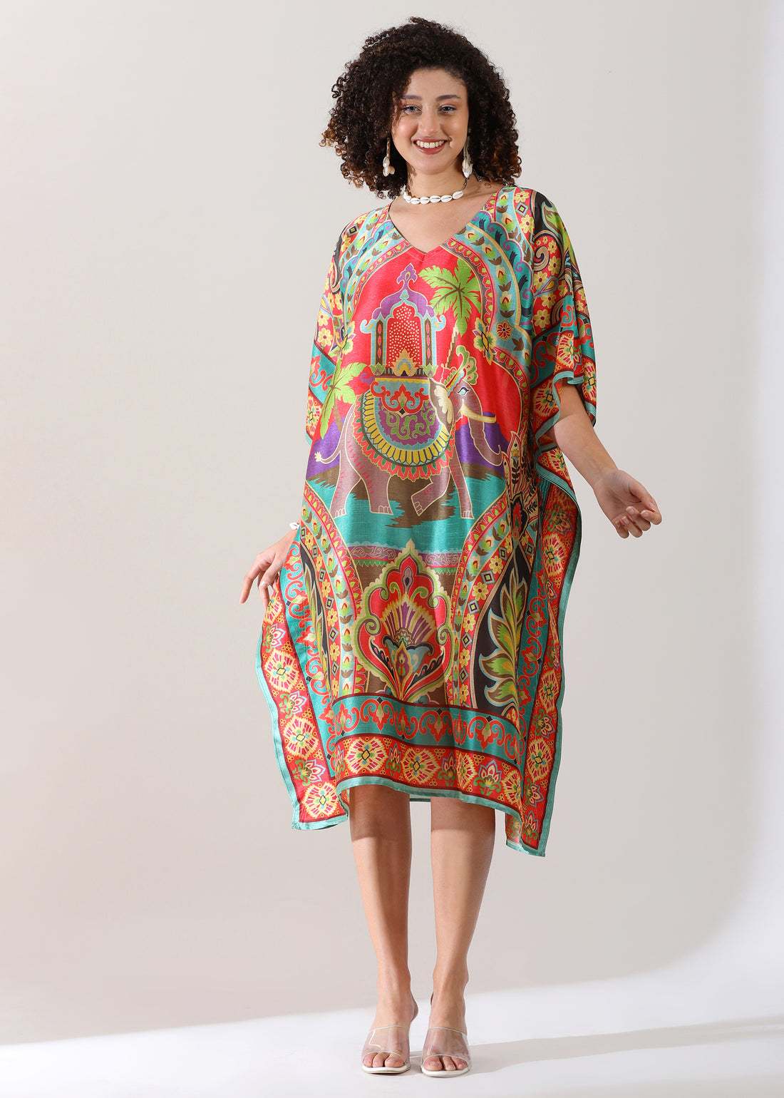 Madhubani Printed Kaftan: Viscose Silk, Calf Length, Free Size - Stylish &amp; Chic for Women, Eastern Blue with Red Base