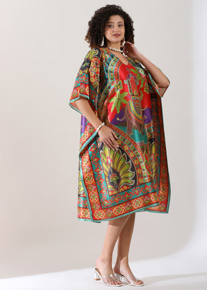 Madhubani Printed Kaftan: Viscose Silk, Calf Length, Free Size - Stylish &amp; Chic for Women, Eastern Blue with Red Base