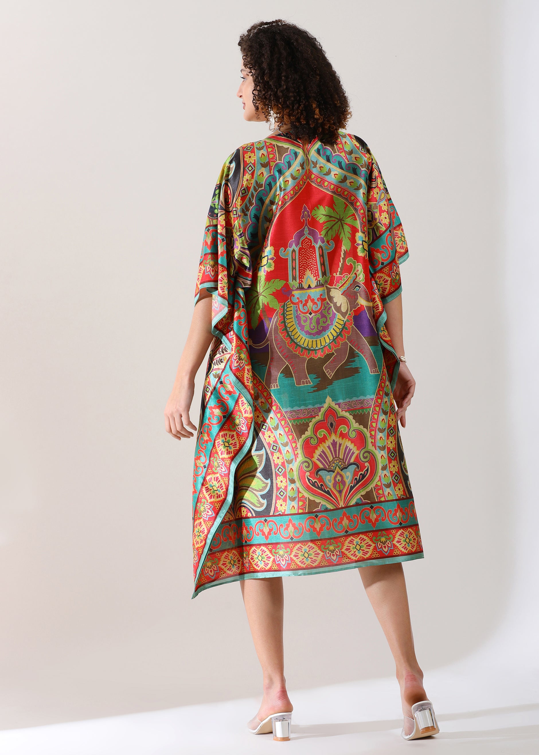 Madhubani Printed Kaftan: Viscose Silk, Calf Length, Free Size - Stylish &amp; Chic for Women, Eastern Blue with Red Base