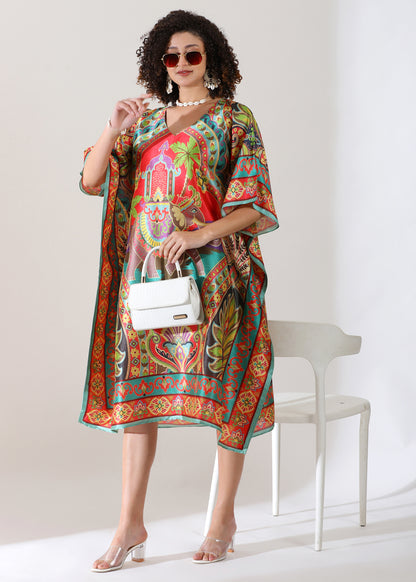 Madhubani Printed Kaftan: Viscose Silk, Calf Length, Free Size - Stylish &amp; Chic for Women, Eastern Blue with Red Base