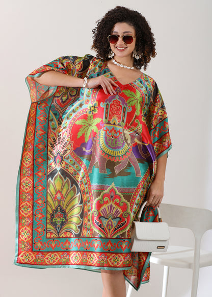 Madhubani Printed Kaftan: Viscose Silk, Calf Length, Free Size - Stylish &amp; Chic for Women, Eastern Blue with Red Base