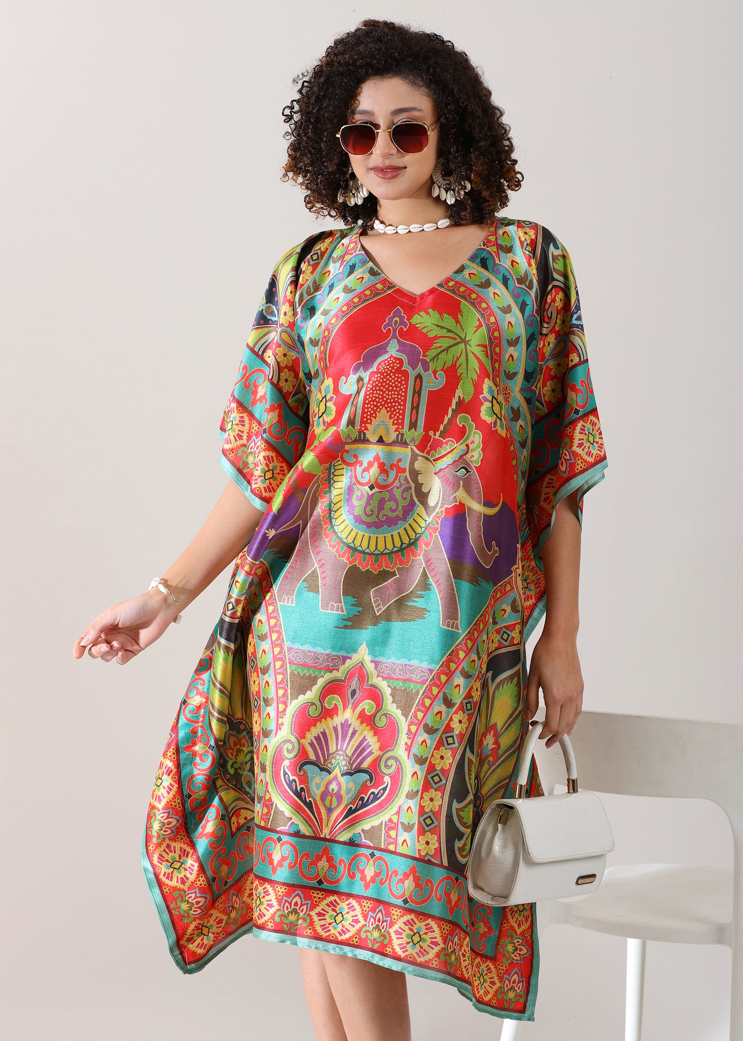 Madhubani Printed Kaftan: Viscose Silk, Calf Length, Free Size - Stylish &amp; Chic for Women, Eastern Blue with Red Base