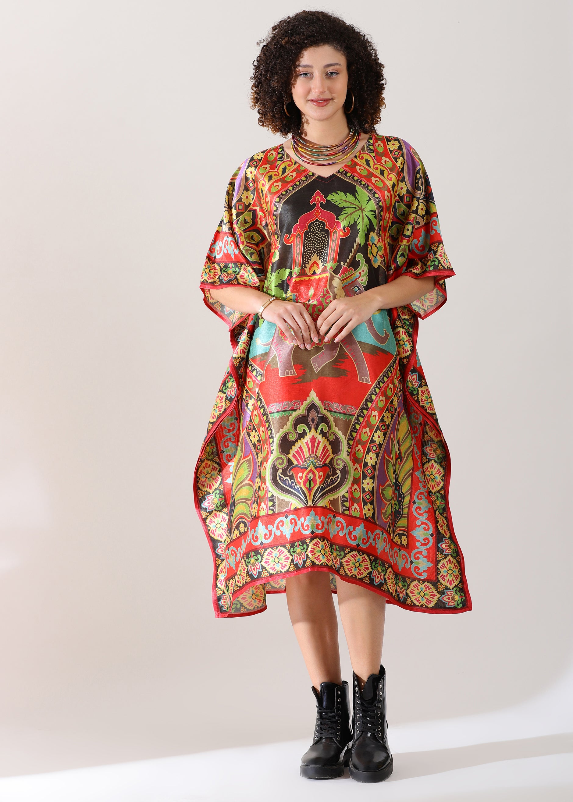 Madhubani Printed Kaftan: Viscose Silk, Calf Length, Free Size - Stylish &amp; Chic for Women,Red and Green Base