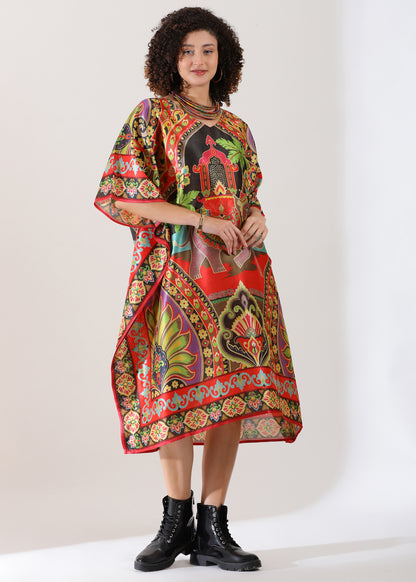 Madhubani Printed Kaftan: Viscose Silk, Calf Length, Free Size - Stylish &amp; Chic for Women,Red and Green Base