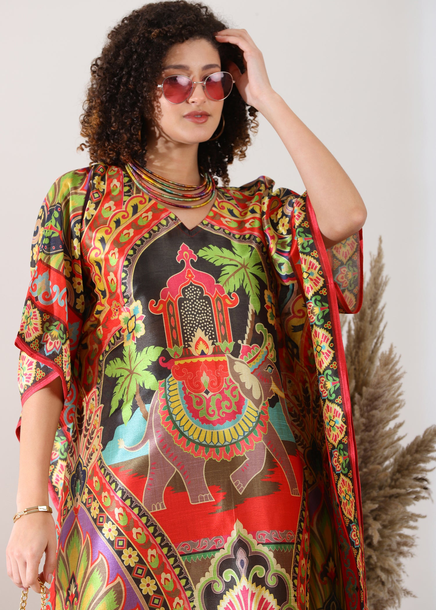 Madhubani Printed Kaftan: Viscose Silk, Calf Length, Free Size - Stylish &amp; Chic for Women,Red and Green Base