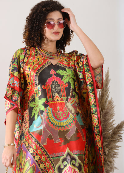 Madhubani Printed Kaftan: Viscose Silk, Calf Length, Free Size - Stylish &amp; Chic for Women,Red and Green Base