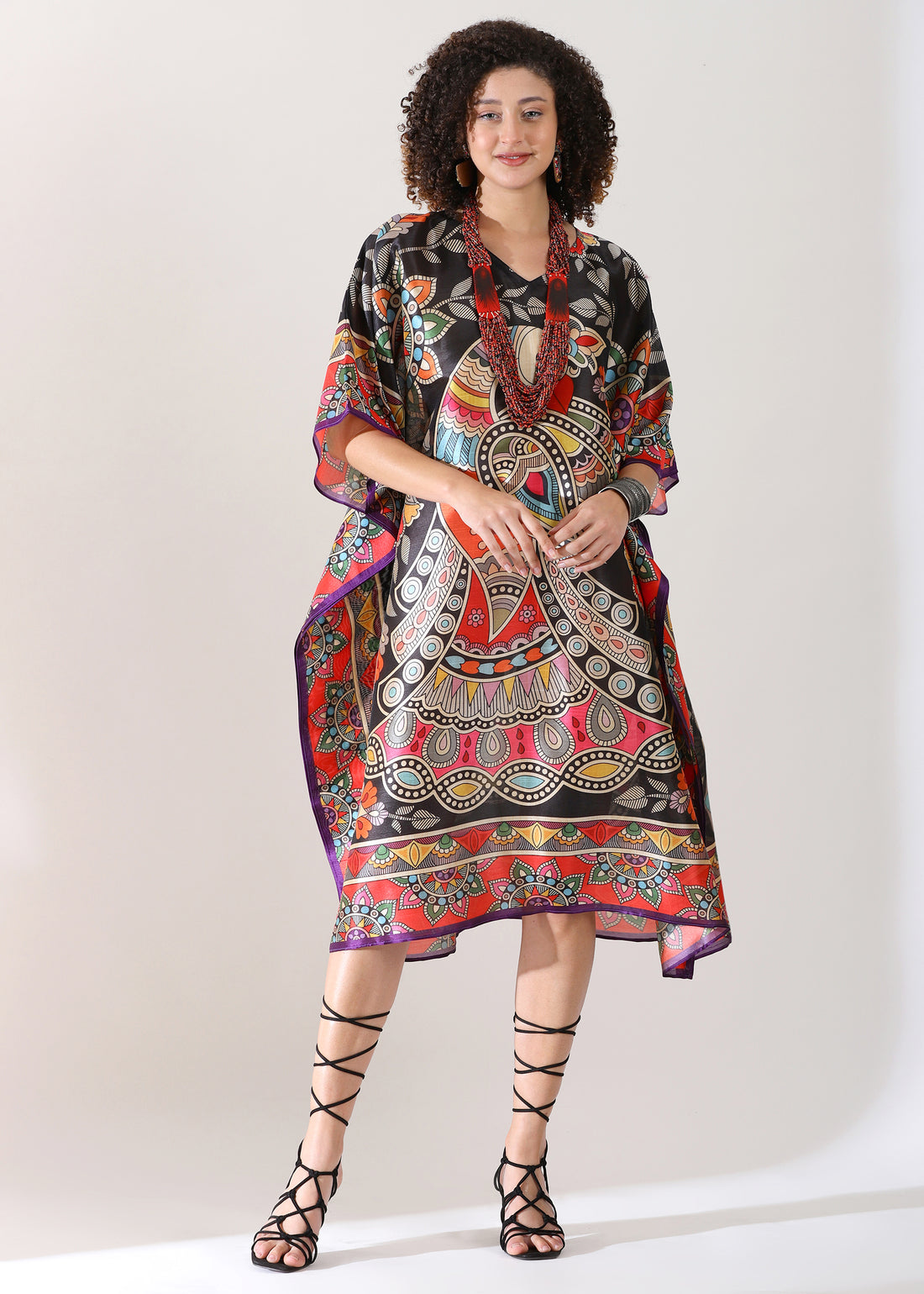 PIAAH Madhubani Printed Stitched Kaftan: Tez Black Base, Viscose Silk, Calf Length, Free Size - Stylish &amp; Chic for Women